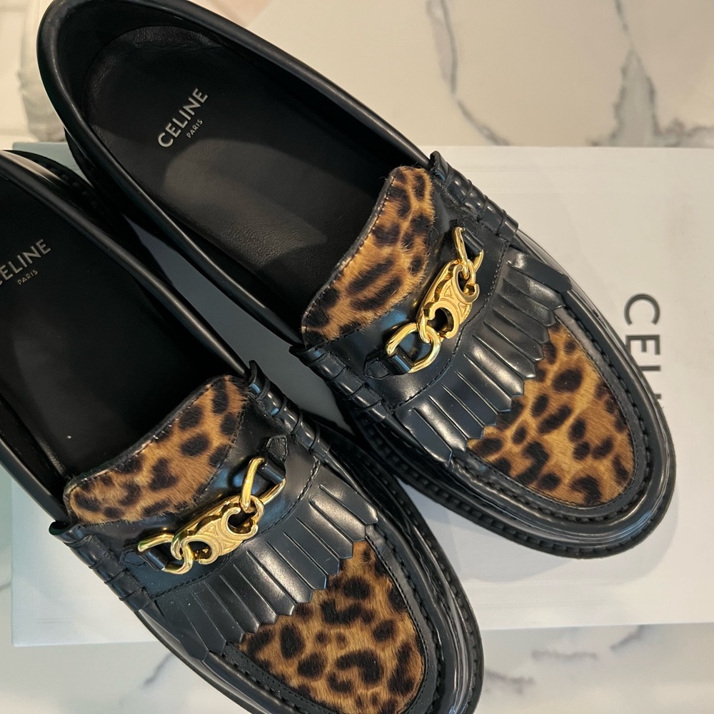 Celine Leopard Print Loafers with Gold Accent
